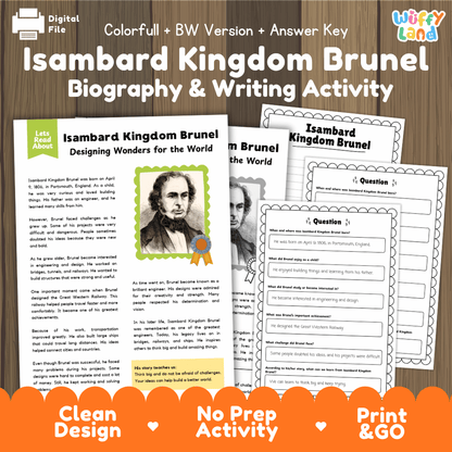 Digital activity worksheet bundle for 'Isambard Kingdom Brunel Biography & Writing Activity' featuring printable pages, a black-and-white version, and an answer key. The graphic displays the worksheets on a dark wood background with a bright orange banner at the bottom.