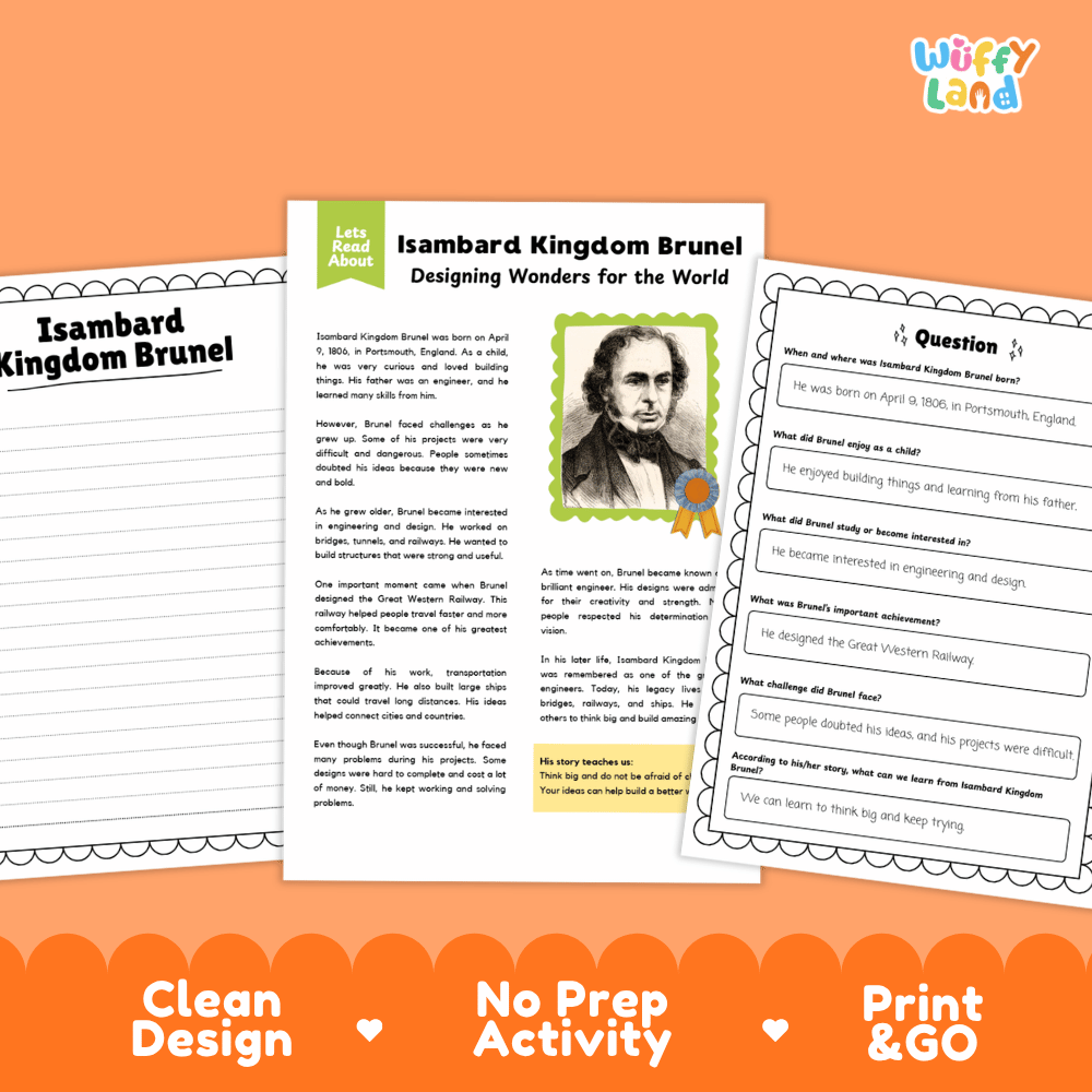 Educational activity sheet set about Isambard Kingdom Brunel, featuring a main text page with a portrait, a worksheet question section, and a second page, all on an orange background with promotional text reading 'Clean Design', 'No Prep Activity', and 'Print & GO'.