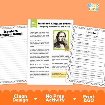 Educational activity sheet set about Isambard Kingdom Brunel, featuring a main text page with a portrait, a worksheet question section, and a second page, all on an orange background with promotional text reading 'Clean Design', 'No Prep Activity', and 'Print & GO'.