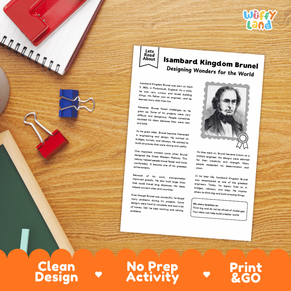 A printed educational worksheet titled 'Isambard Kingdom Brunel Designing Wonders for the World' laid on a wooden desk, surrounded by school supplies including a spiral notebook, red binder clips, and a pen. The sheet has a black-and-white portrait of Brunel and text about him.