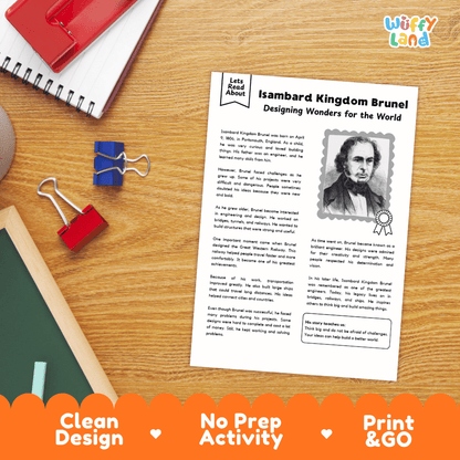 A printed educational worksheet titled 'Isambard Kingdom Brunel Designing Wonders for the World' laid on a wooden desk, surrounded by school supplies including a spiral notebook, red binder clips, and a pen. The sheet has a black-and-white portrait of Brunel and text about him.
