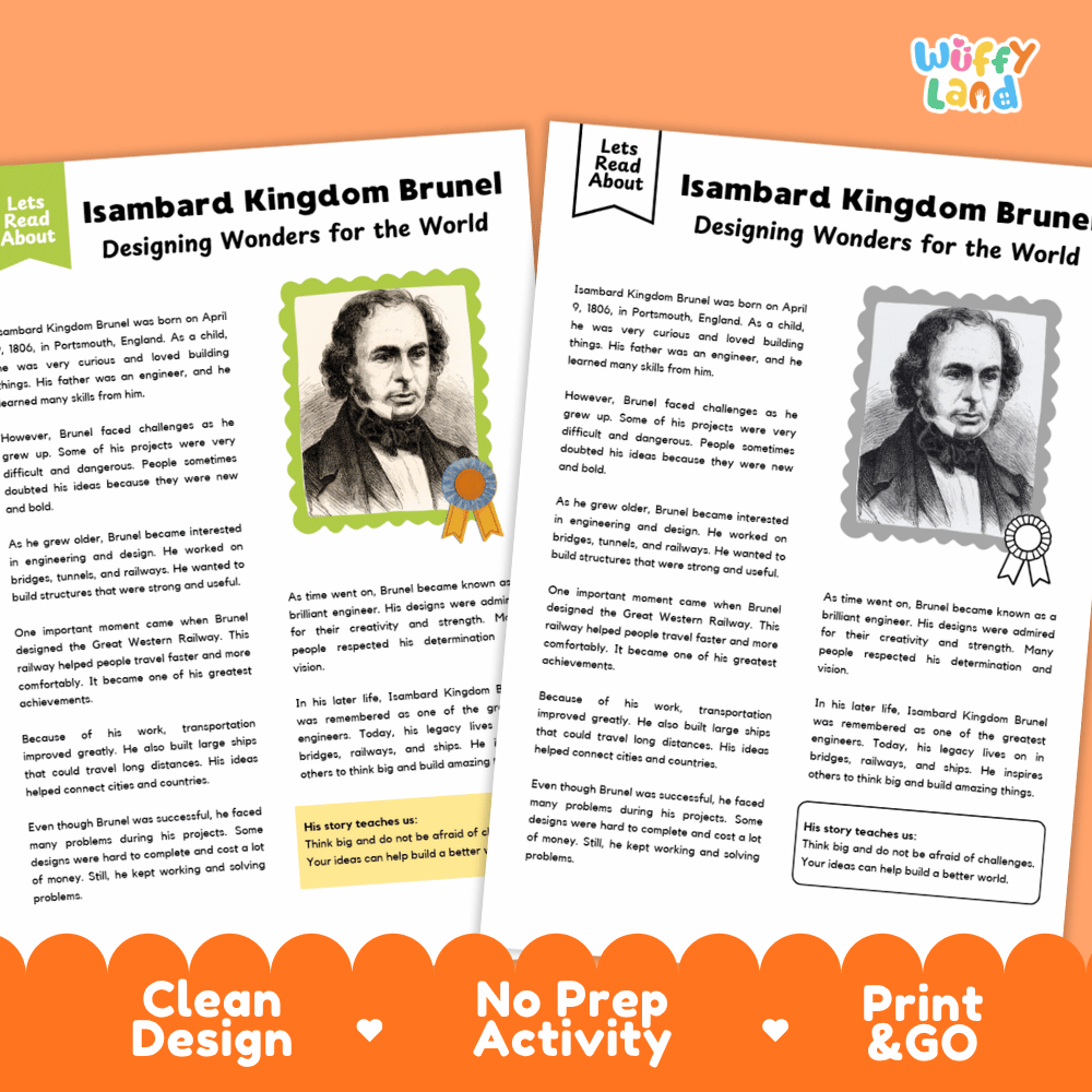 Two educational activity pages about Isambard Kingdom Brunel, shown on a white background with decorative orange banners reading 'Clean Design', 'No Prep Activity', and 'Print & Go'. The pages include text, small portraits, and a 'Wiffly Land' logo in the top right.