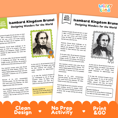 Two educational activity pages about Isambard Kingdom Brunel, shown on a white background with decorative orange banners reading 'Clean Design', 'No Prep Activity', and 'Print & Go'. The pages include text, small portraits, and a 'Wiffly Land' logo in the top right.