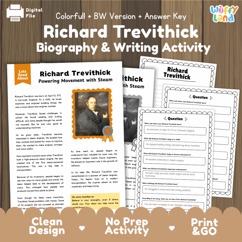 Digital activity sheet set for 'Richard Trevithick Biography & Writing Activity' by Uffy Land, featuring a colorful and black-and-white version with an answer key, displayed on a wood-grain background with promotional text at the bottom.
