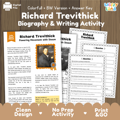 Digital activity sheet set for 'Richard Trevithick Biography & Writing Activity' by Uffy Land, featuring a colorful and black-and-white version with an answer key, displayed on a wood-grain background with promotional text at the bottom.