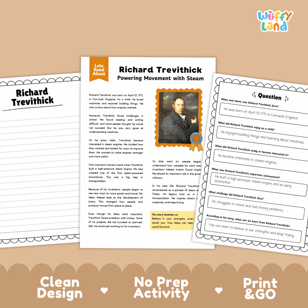 Educational activity sheet set about Richard Trevithick and steam power, shown as three printable pages on a tan background with the text 'Clean Design', 'No Prep Activity', and 'Print & GO'.