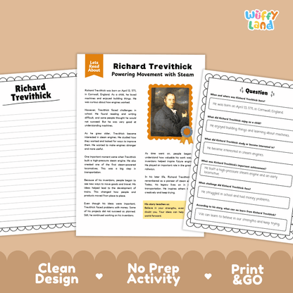 Educational activity sheet set about Richard Trevithick and steam power, shown as three printable pages on a tan background with the text 'Clean Design', 'No Prep Activity', and 'Print & GO'.