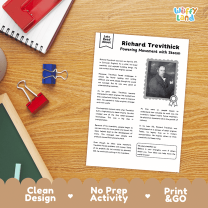 An educational worksheet titled 'Richard Trevithick Powering Movement with Steam' displayed on a wooden desk with school supplies. The worksheet features a black-and-white portrait of Richard Trevithick and text blocks.