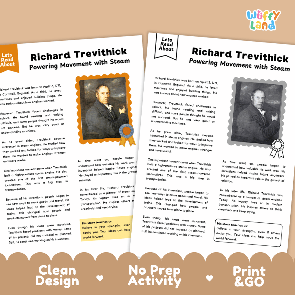 Two educational activity sheets about Richard Trevithick, titled 'Richard Trevithick: Powering Movement with Steam,' shown on a warm tan background with the brand name 'wiffly land' in the top right corner.