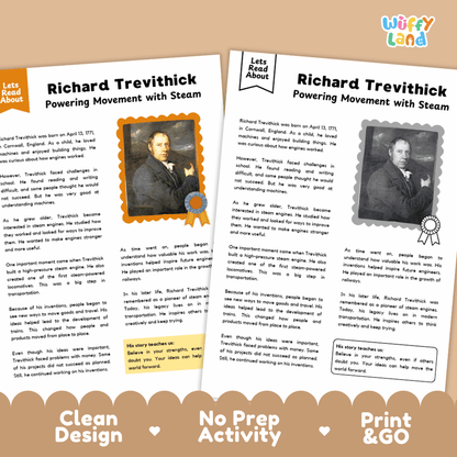 Two educational activity sheets about Richard Trevithick, titled 'Richard Trevithick: Powering Movement with Steam,' shown on a warm tan background with the brand name 'wiffly land' in the top right corner.