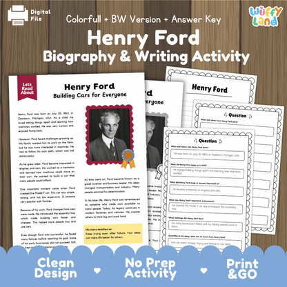 Digital printable activity sheet set for 'Henry Ford Biography & Writing Activity' by Uffy Land, shown on a wooden background with a blue banner at the bottom. The set includes a main worksheet, several answer sheets, and a digital file badge.