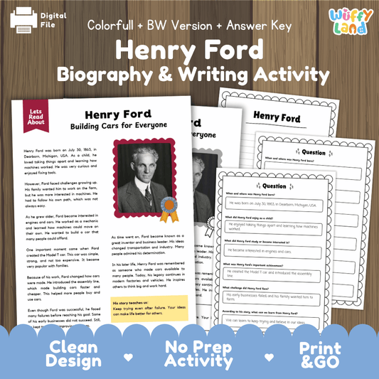 Digital printable activity sheet set for 'Henry Ford Biography & Writing Activity' by Uffy Land, shown on a wooden background with a blue banner at the bottom. The set includes a main worksheet, several answer sheets, and a digital file badge.