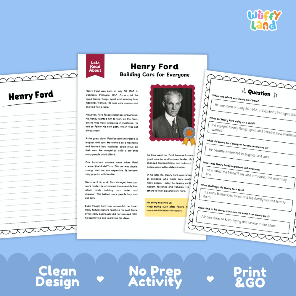 Three printable Henry Ford educational activity sheets displayed on a light blue background with the text 'Clean Design', 'No Prep Activity', and 'Print & GO'. The center sheet is titled 'Henry Ford Building Cars for Everyone' and includes a portrait photo, text, and a yellow highlighted section.