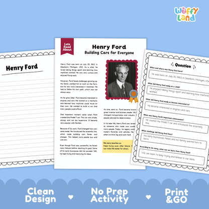 Three printable Henry Ford educational activity sheets displayed on a light blue background with the text 'Clean Design', 'No Prep Activity', and 'Print & GO'. The center sheet is titled 'Henry Ford Building Cars for Everyone' and includes a portrait photo, text, and a yellow highlighted section.
