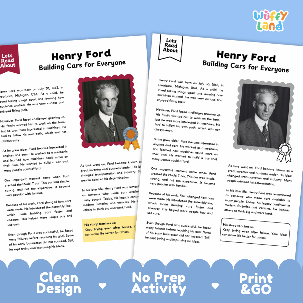 Two printable educational activity sheets about Henry Ford, titled 'Building Cars for Everyone,' shown on a light blue background. The sheets include text blocks, portrait photos, and decorative labels, with the brand name 'Wuffly Land' in the top right corner.