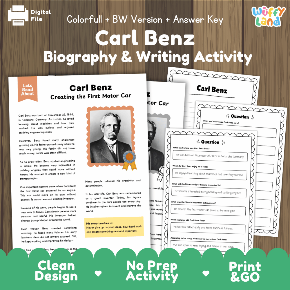 Digital printable activity sheet set for 'Carl Benz Biography & Writing Activity' by Uffy Land, shown on a wooden background with the title text and a green banner reading 'Clean Design No Prep Activity Print & GO'.