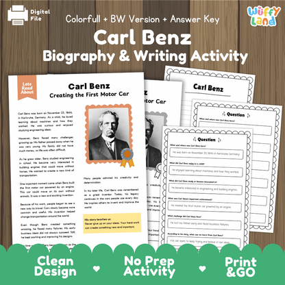 Digital printable activity sheet set for 'Carl Benz Biography & Writing Activity' by Uffy Land, shown on a wooden background with the title text and a green banner reading 'Clean Design No Prep Activity Print & GO'.