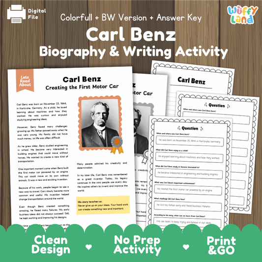 Digital printable activity sheet set for 'Carl Benz Biography & Writing Activity' by Uffy Land, shown on a wooden background with the title text and a green banner reading 'Clean Design No Prep Activity Print & GO'.