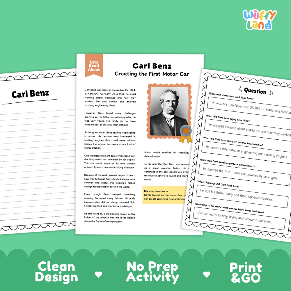 Educational activity sheets about Carl Benz creating the first motor car, shown as printable pages on a green background with the text 'Clean Design', 'No Prep Activity', and 'Print & GO'.