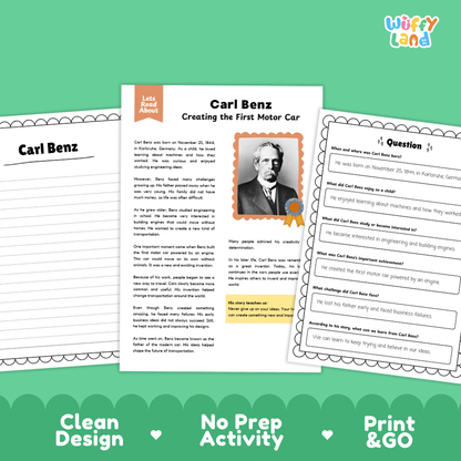 Educational activity sheets about Carl Benz creating the first motor car, shown as printable pages on a green background with the text 'Clean Design', 'No Prep Activity', and 'Print & GO'.