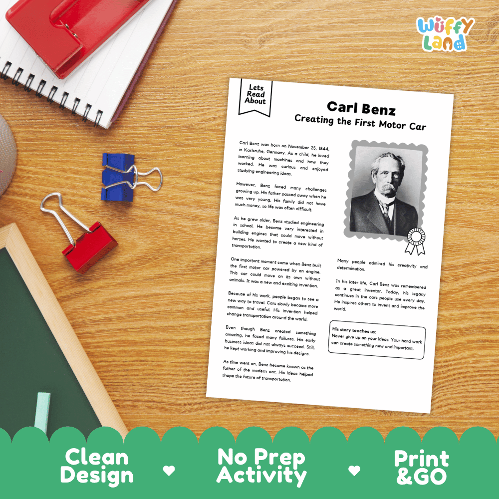 A printed educational activity sheet titled 'Carl Benz Creating the First Motor Car' lies on a wooden desk, surrounded by school supplies including a spiral notebook, red and blue binder clips, and a pencil. The sheet has a white background with black text and a small portrait photo of Carl Benz.
