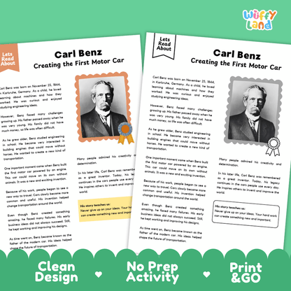 Two printable educational activity sheets titled 'Carl Benz Creating the First Motor Car' from Let's Read About, with text, portraits, and award badges, plus a blue 'Wuffy Land' logo and a green 'Let's Read About' banner.