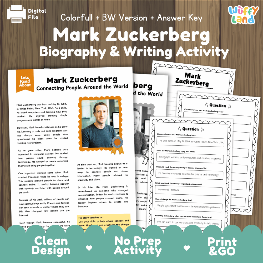 Mark Zuckerberg Biography Reading Passage and Writing Activity Worksheets