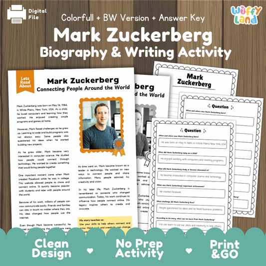 Mark Zuckerberg Biography Reading Passage and Writing Activity Worksheets