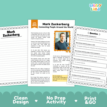 Mark Zuckerberg Biography Reading Passage and Writing Activity Worksheets