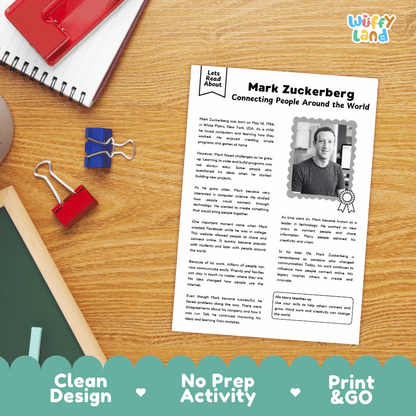 Mark Zuckerberg Biography Reading Passage and Writing Activity Worksheets
