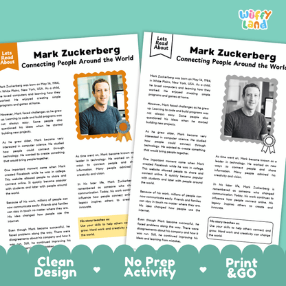 Mark Zuckerberg Biography Reading Passage and Writing Activity Worksheets