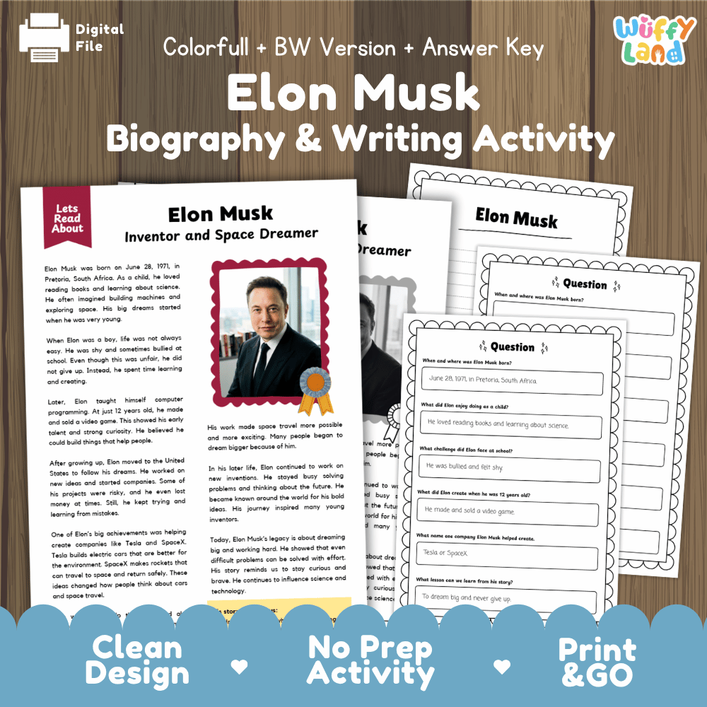 Elon Musk Biography & Writing Activity digital download printable worksheet set, featuring a main biography page with a photo and text, several worksheet pages, and an answer key, displayed on a wood background with branding at the top and bottom.