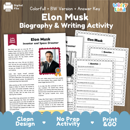 Elon Musk Biography & Writing Activity digital download printable worksheet set, featuring a main biography page with a photo and text, several worksheet pages, and an answer key, displayed on a wood background with branding at the top and bottom.