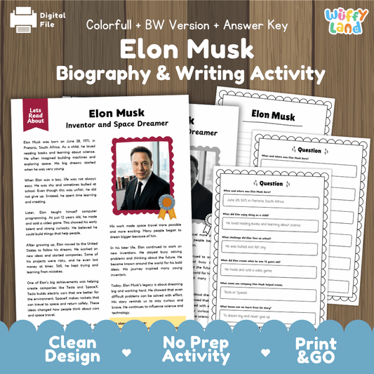 Elon Musk Biography & Writing Activity digital download printable worksheet set, featuring a main biography page with a photo and text, several worksheet pages, and an answer key, displayed on a wood background with branding at the top and bottom.