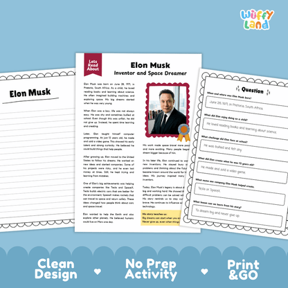 Elon Musk printable reading activity worksheet set by Wiffly Land, featuring a central text activity page with a photo of Elon Musk, two worksheet pages, and a blue banner highlighting key selling points like 'Clean Design', 'No Prep Activity', and 'Print & GO'.