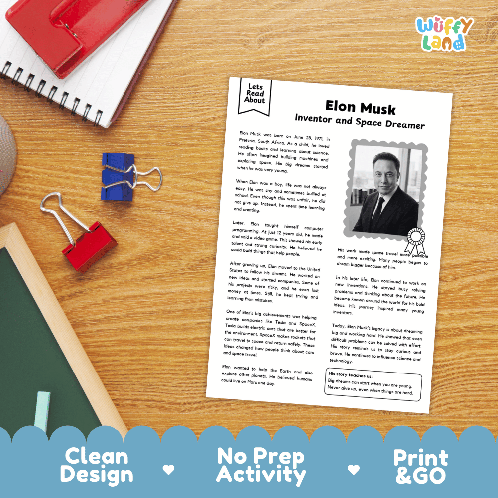 An educational activity sheet about Elon Musk printed on a white card, styled on a wooden desk with a spiral notebook, binder clips, and a blue banner at the bottom reading 'Clean Design', 'No Prep Activity', and 'Print & GO'.