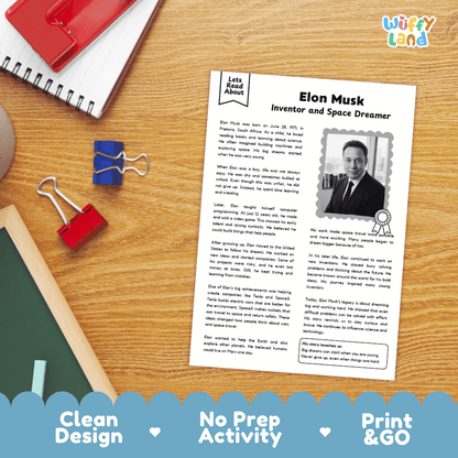 An educational activity sheet about Elon Musk printed on a white card, styled on a wooden desk with a spiral notebook, binder clips, and a blue banner at the bottom reading 'Clean Design', 'No Prep Activity', and 'Print & GO'.