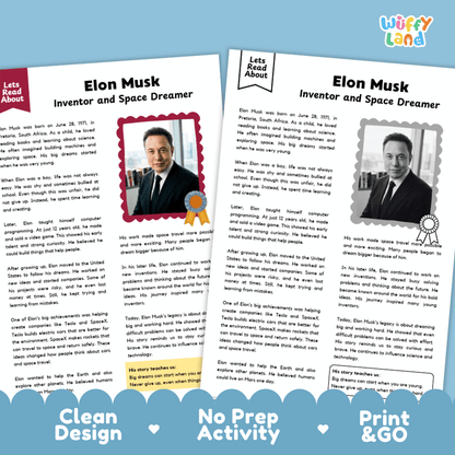 Two printable educational activity sheets about Elon Musk, designed for classroom use. The sheets feature a clean white background with blue decorative headers and footers, text about Elon Musk's life and achievements, and placeholder areas for photos.