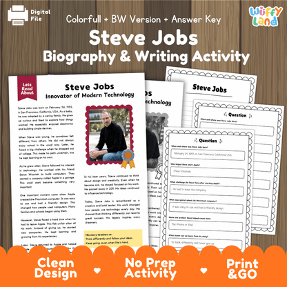 Steve Jobs Biography Reading Passage and Writing Activity Worksheets