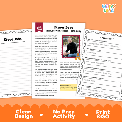 Educational Steve Jobs printable activity sheet set by Wiffy Land, featuring a main article page, a worksheet on page direction, and a question sheet, displayed on an orange background with promotional text.