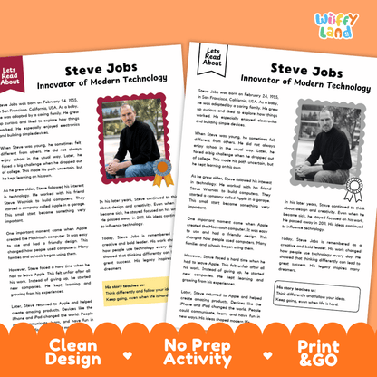 Educational activity sheet titled 'Steve Jobs Innovator of Modern Technology' from 'Wiffly Land', featuring two pages with text, a photo of Steve Jobs, and an award illustration, set against an orange background with 'Clean Design', 'No Prep Activity', and 'Print & GO' labels.