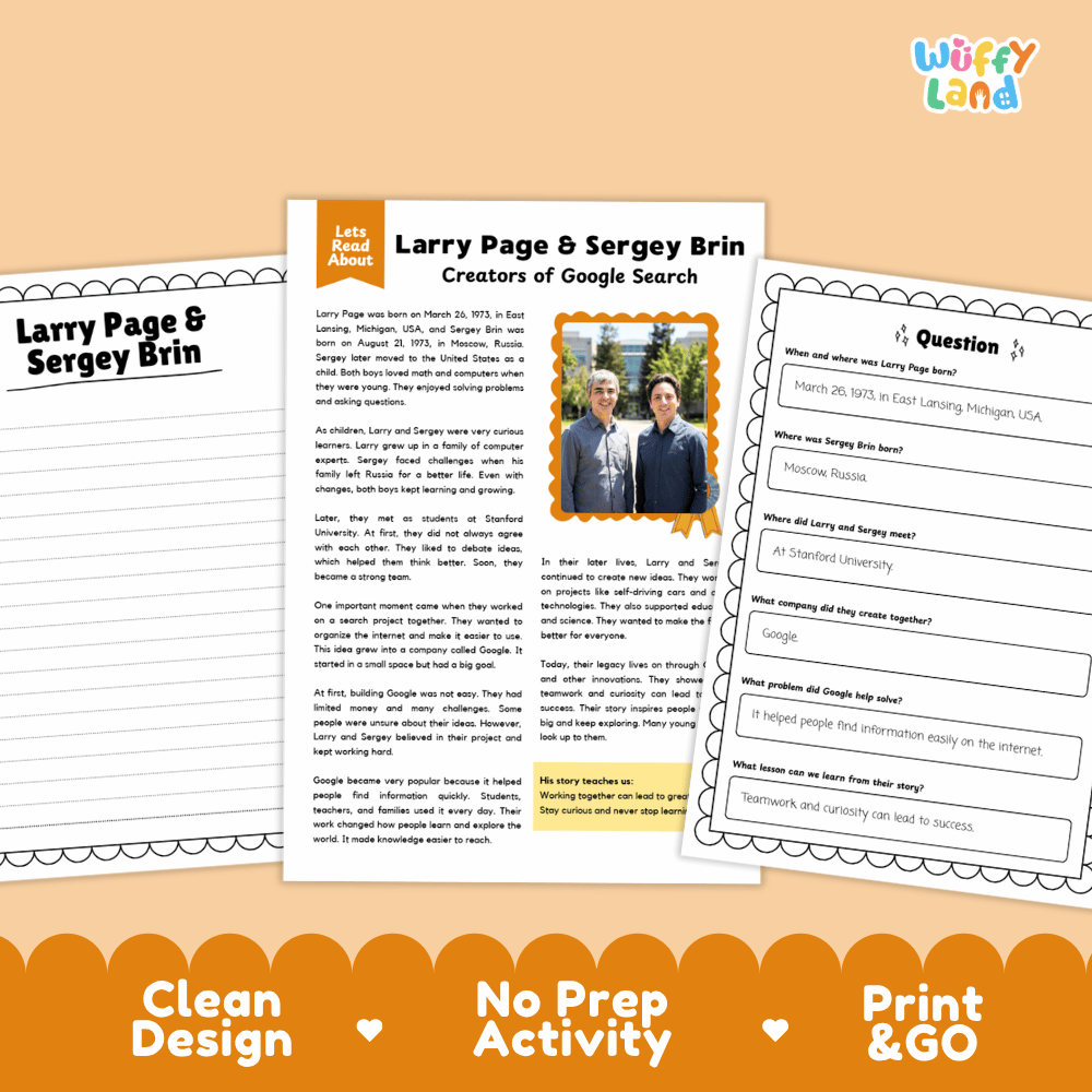 A printed educational activity sheet set on an orange background, featuring a biography page about Larry Page and Sergey Brin of Google Search, a photo of the two men, and a worksheet with fill-in questions. Text at the bottom reads 'Clean Design', 'No Prep Activity', and 'Print & Go'.