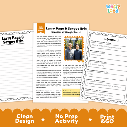 A printed educational activity sheet set on an orange background, featuring a biography page about Larry Page and Sergey Brin of Google Search, a photo of the two men, and a worksheet with fill-in questions. Text at the bottom reads 'Clean Design', 'No Prep Activity', and 'Print & Go'.