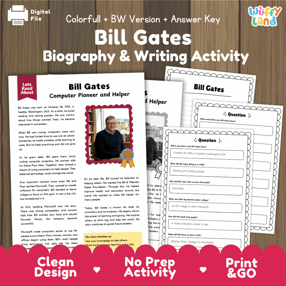 Bill Gates Biography & Writing Activity printable worksheet set, featuring a colorful cover page and several black-and-white activity sheets displayed on a wooden background. The sheets include text reading 'Bill Gates' and writing prompts.