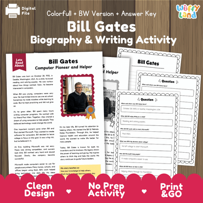 Bill Gates Biography & Writing Activity printable worksheet set, featuring a colorful cover page and several black-and-white activity sheets displayed on a wooden background. The sheets include text reading 'Bill Gates' and writing prompts.