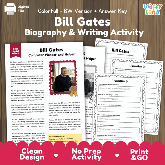 Bill Gates Biography & Writing Activity printable worksheet set, featuring a colorful cover page and several black-and-white activity sheets displayed on a wooden background. The sheets include text reading 'Bill Gates' and writing prompts.
