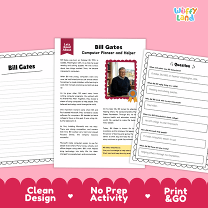 Bill Gates Biography Reading Passage and Writing Activity Worksheets