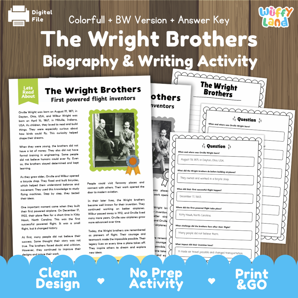 Digital printable activity sheet set for 'The Wright Brothers Biography & Writing Activity' by Uffy Land, shown on a wood background with a blue banner. The sheets include a reading passage, a black-and-white portrait print, and a writing worksheet.