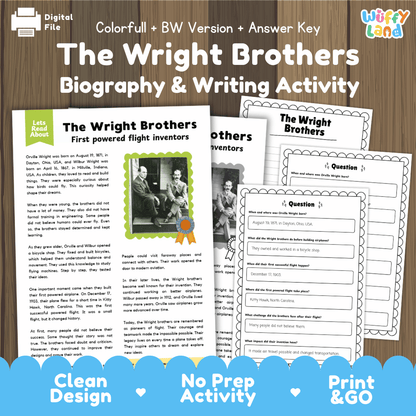 Digital printable activity sheet set for 'The Wright Brothers Biography & Writing Activity' by Uffy Land, shown on a wood background with a blue banner. The sheets include a reading passage, a black-and-white portrait print, and a writing worksheet.