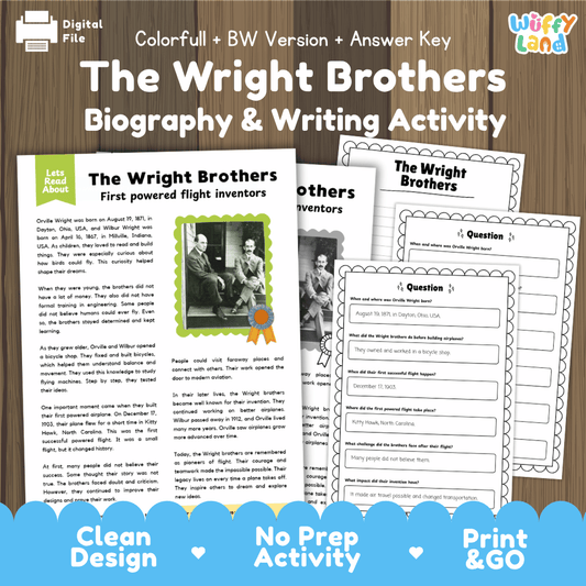 Digital printable activity sheet set for 'The Wright Brothers Biography & Writing Activity' by Uffy Land, shown on a wood background with a blue banner. The sheets include a reading passage, a black-and-white portrait print, and a writing worksheet.